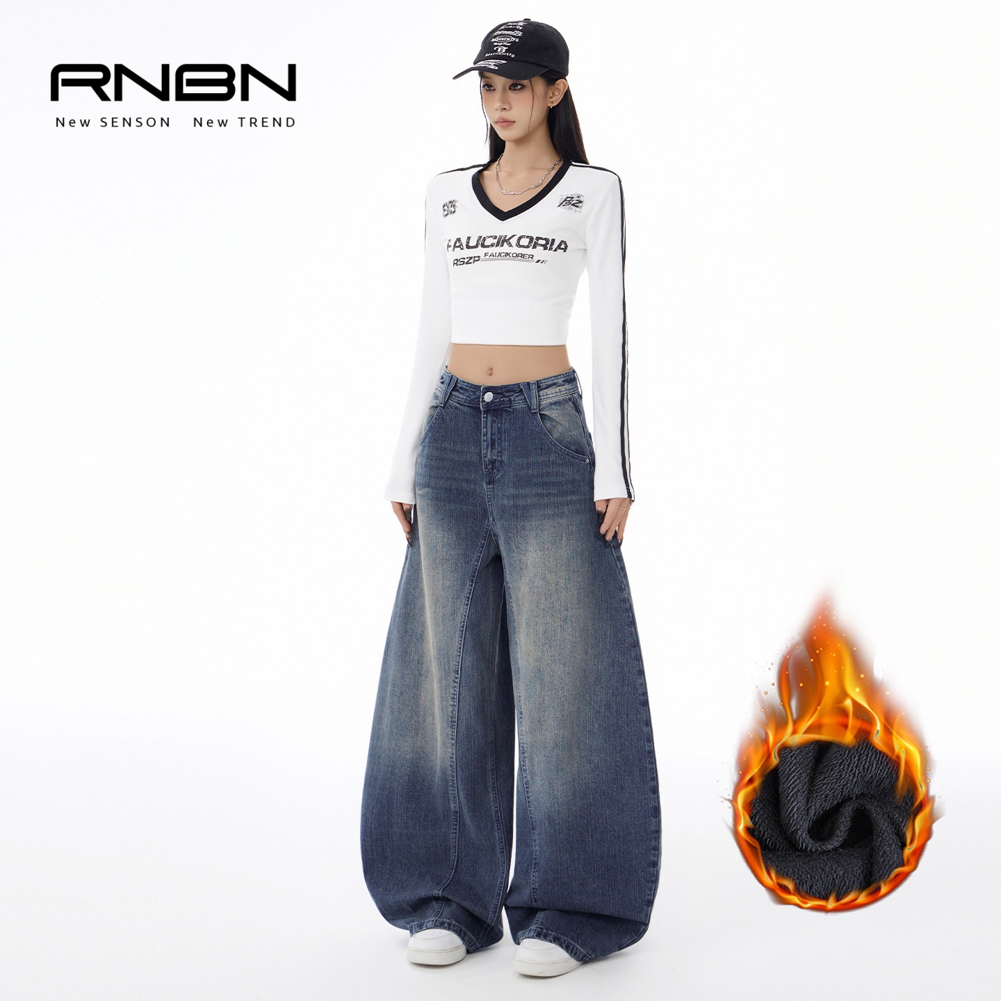 RNBN新款复古宽松垂感阔腿牛仔裤遮胯显高显瘦慵懒风弯刀裤女