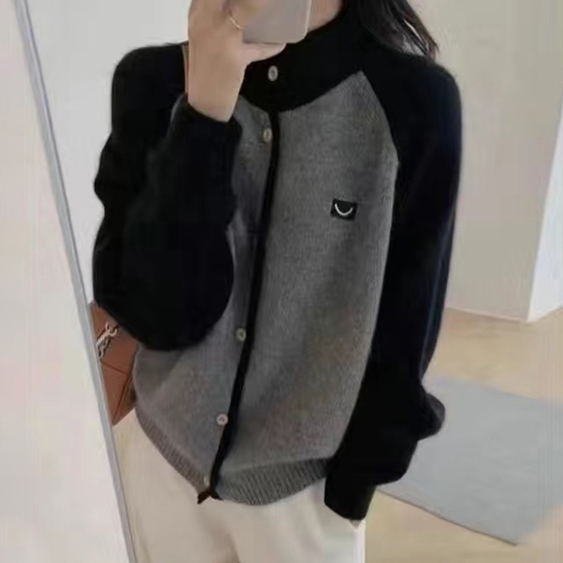 3594撞色圆领针织开衫外套女欧洲站欧货韩系风长袖针织衫毛衣