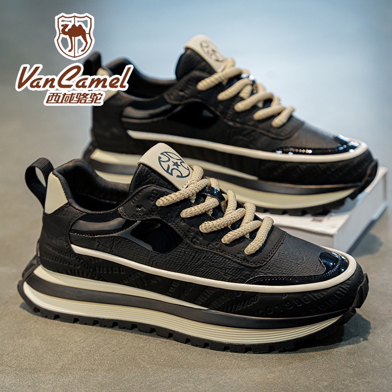 VANCAMEL/西域骆驼新款舒适皮面增高百搭运动鞋潮流爆款厚底男鞋
