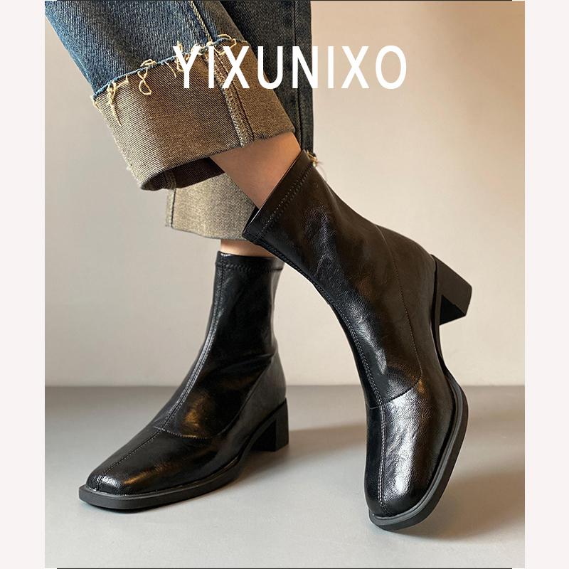 羊皮版~法式复古粗跟弹力瘦瘦靴女高跟通勤短靴秋冬静音跟马丁靴