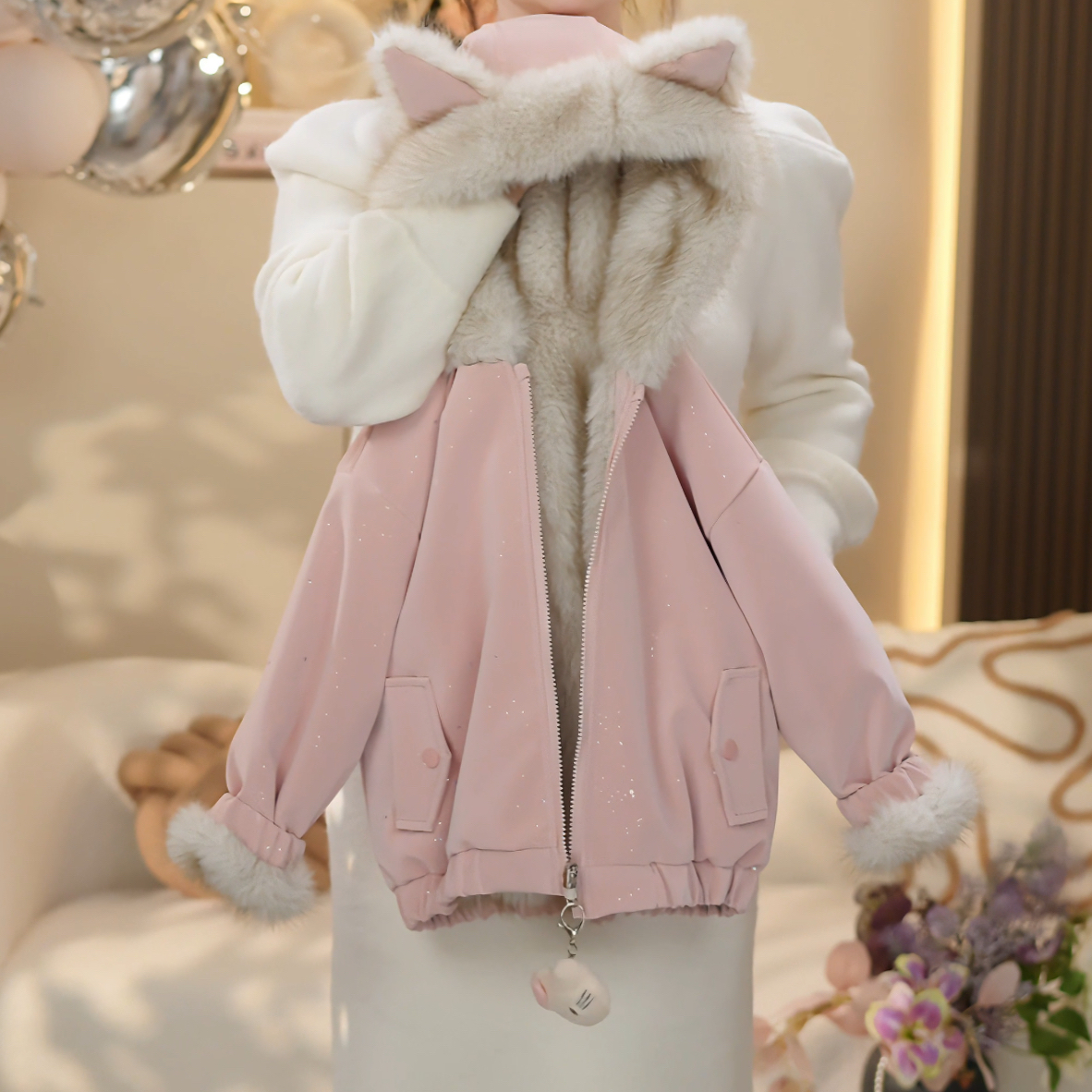 女童2025冬季新款洋气撒银加厚加毛PU双面穿派克服外套YY988