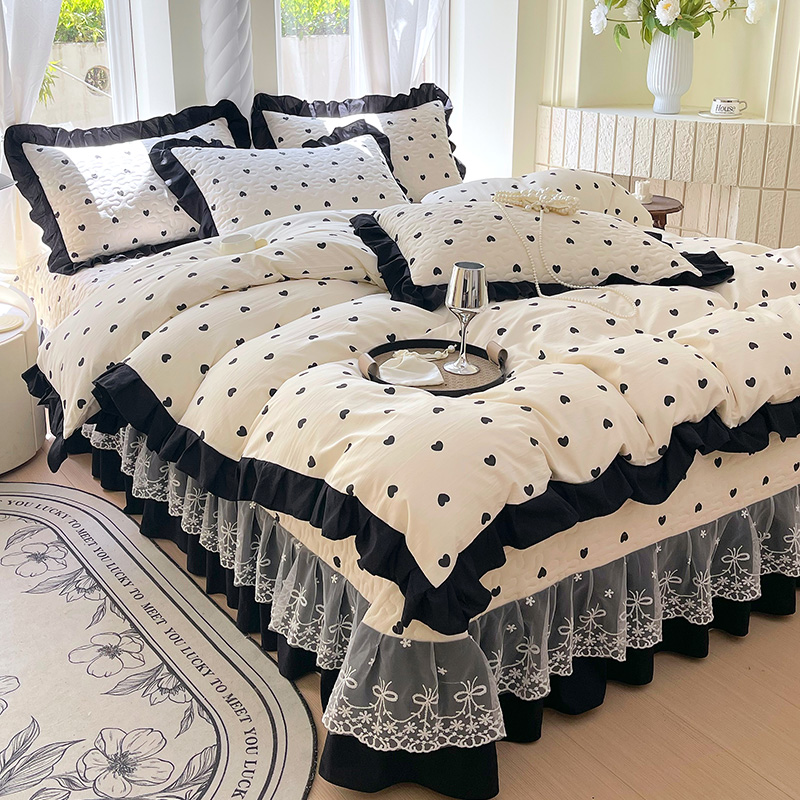 韩版云朵水洗棉夹棉床盖四件套双层花边加厚床罩单被套三件套四季