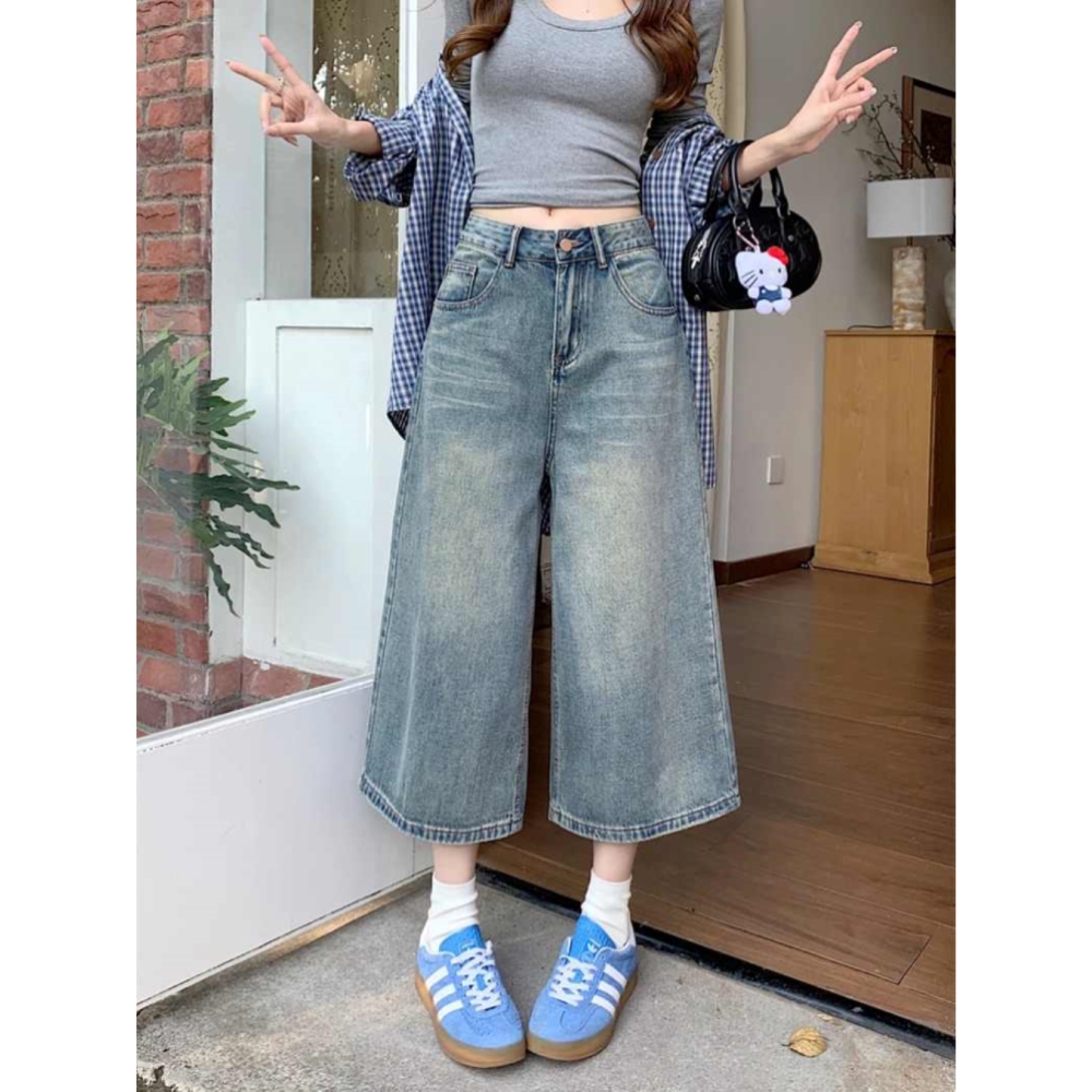 美式复古水洗简约感八分牛仔裤女2025夏季新款高腰垂感直筒阔腿裤
