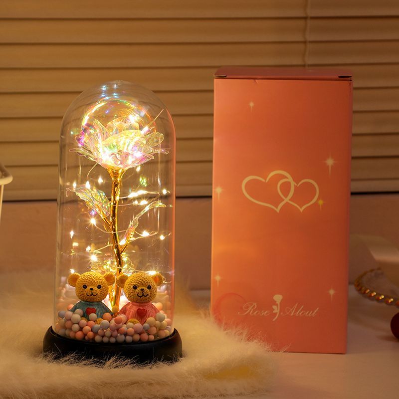 【皮卡】520情人节diy永生花塑料罩小熊金箔玫瑰花送女朋友创意玩具