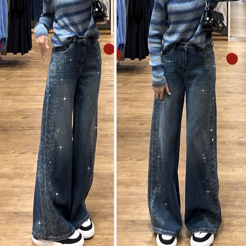 重工激光烧花窄边弹力牛仔裤女秋冬新款宽松显瘦垂感直筒拖地裤子