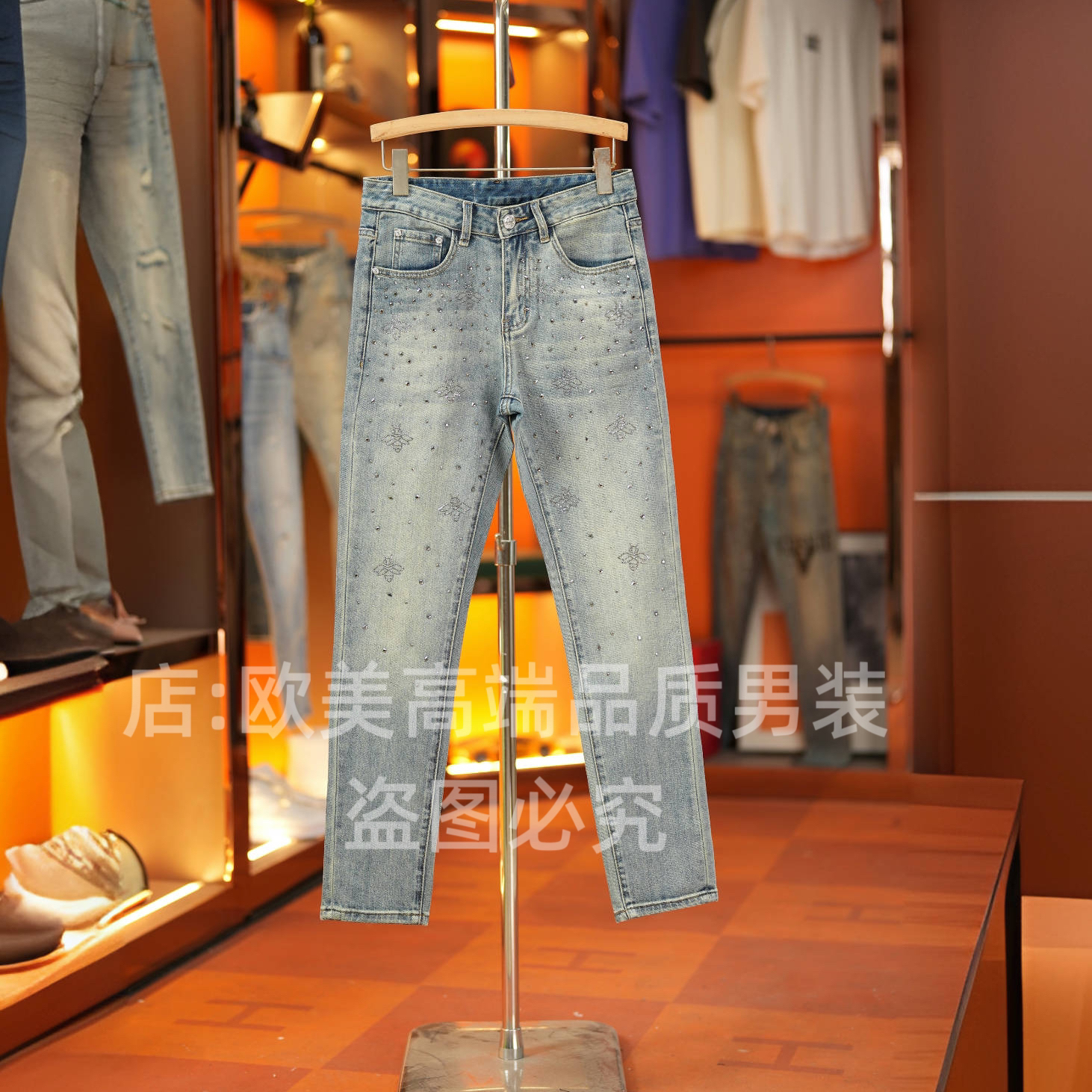 秋冬季新款高端男士欧货复古浅色烫钻满天星牛仔裤修身弹力个性潮