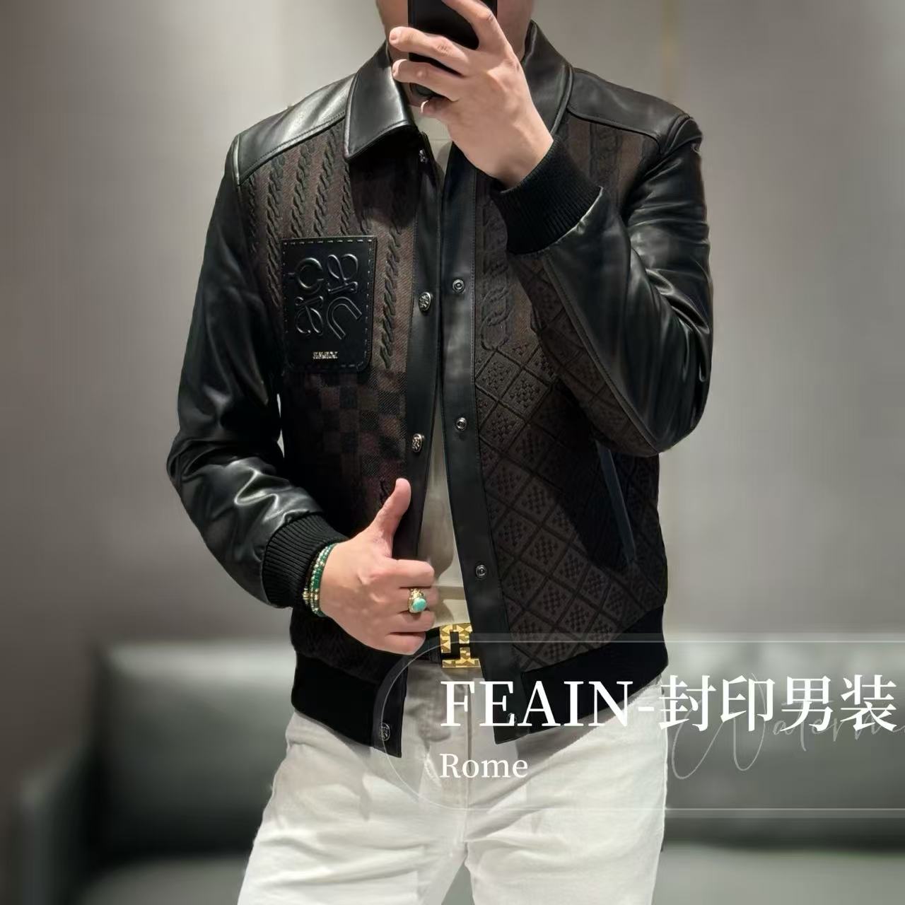 【FEAIN品牌】高端真皮拼接6D立体流体浮雕工艺夹克秋冬外套7030