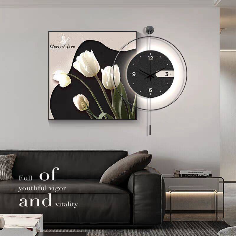 高级感餐厅钟表画抽象艺术黑白客厅装饰画带挂钟简约现代饭厅时钟