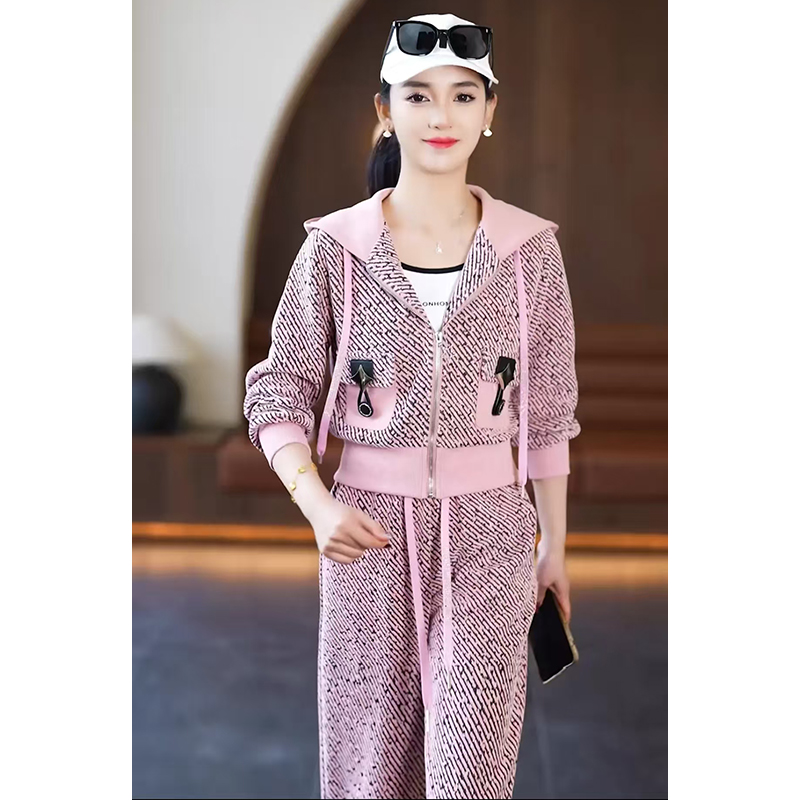 拉夏贝尔休闲运动套装女2025春秋季新款条纹连帽开衫小香风两件套