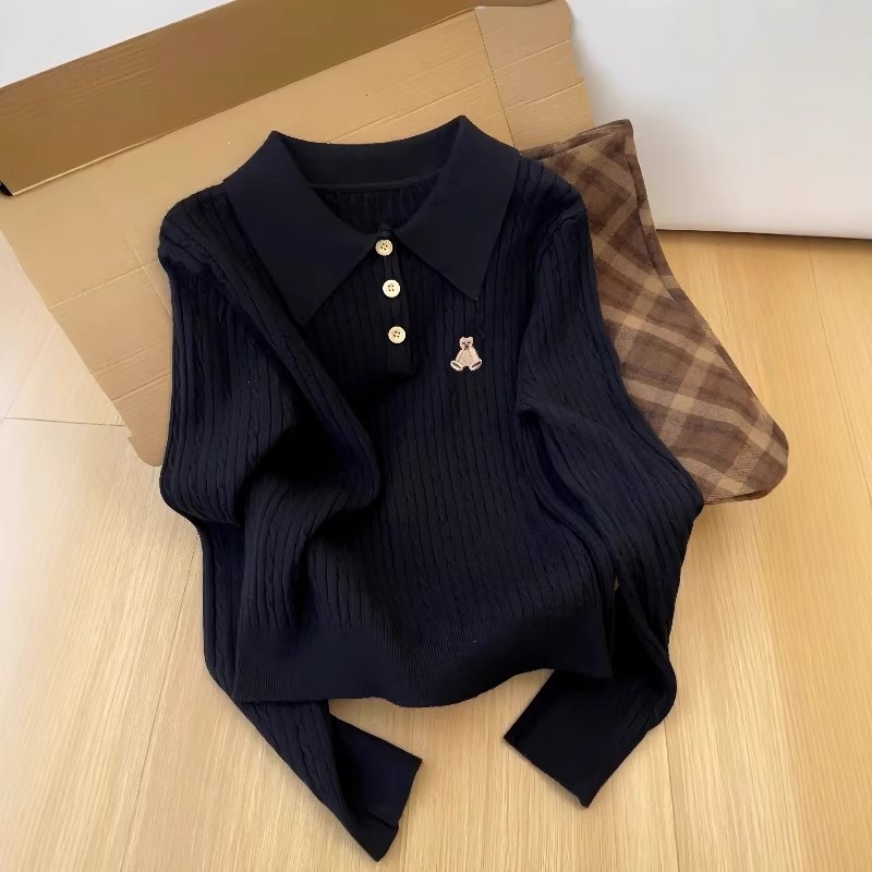 减龄刺绣polo领麻花毛衣女秋冬新款胖MM大码女装宽松显瘦针织上衣