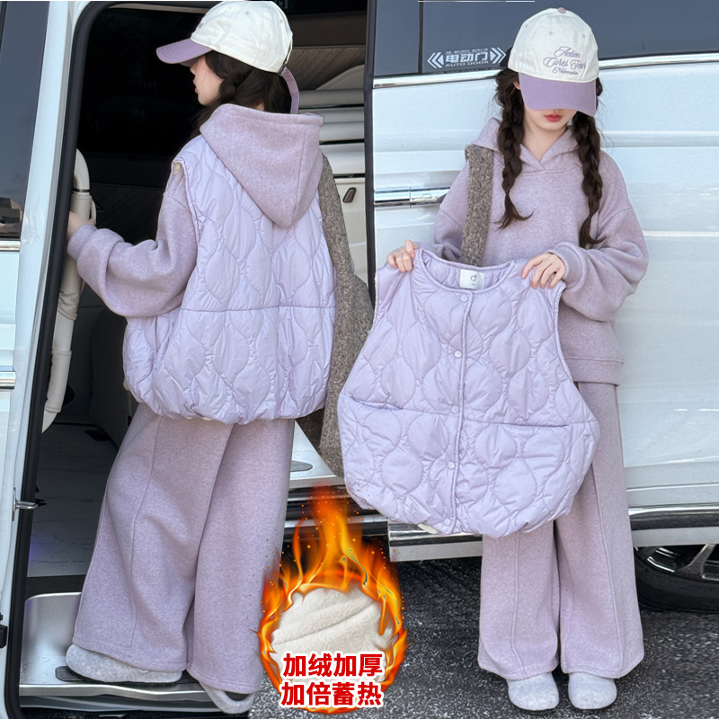 女童马甲卫衣套装加绒加厚秋冬2025新款儿童初冬女大童三件套冬季