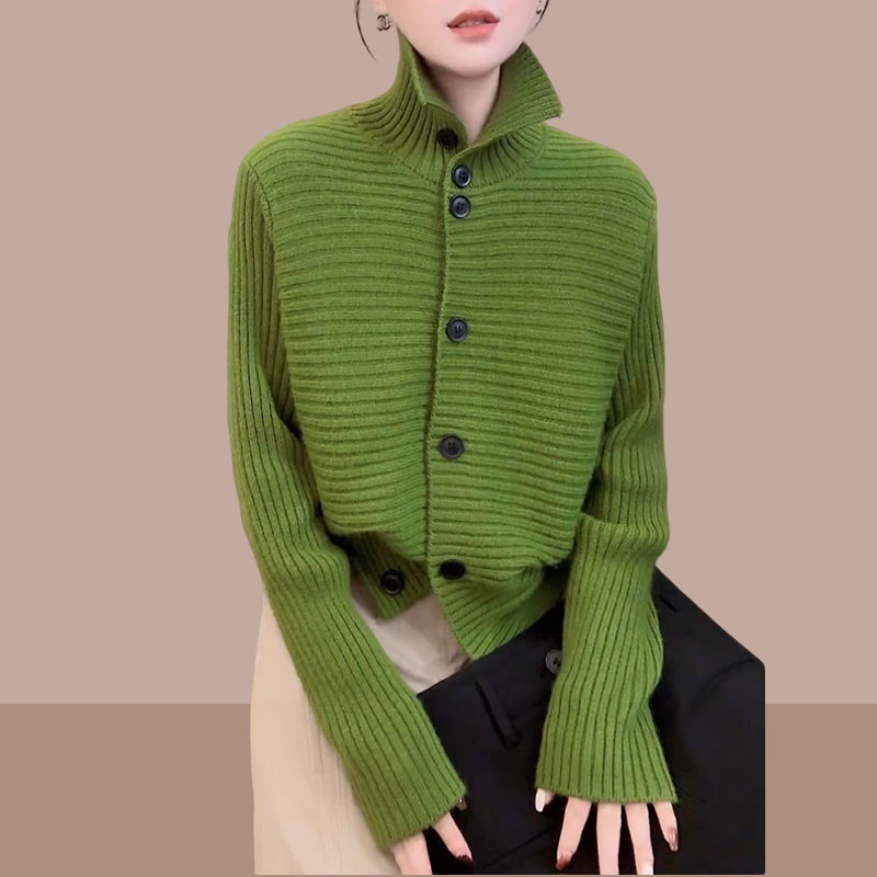 法式复古高领绿色秋冬针织开衫女新款气质高级感纽扣毛衣外套上衣