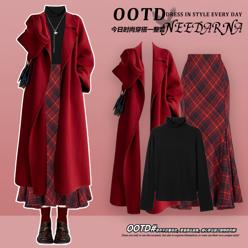 小香风江浙沪千金穿搭冬天配大衣的裙子女秋冬红色长袖连衣裙套装