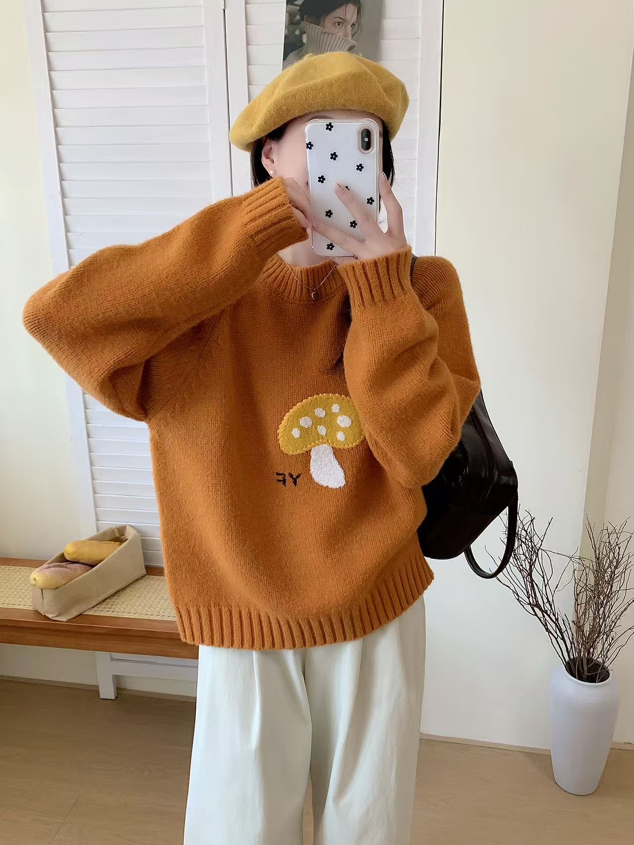 卡通蘑菇刺绣圆领加厚毛衣女秋冬新款宽松百搭加厚减龄针织衫上衣