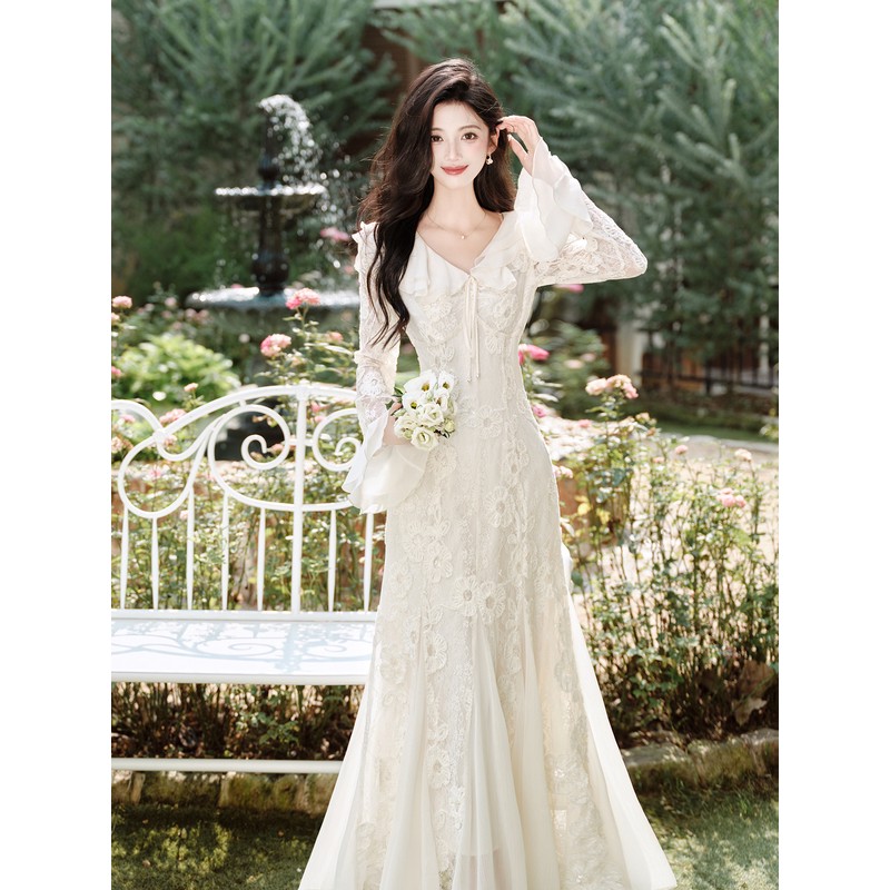 法式重工刺绣亮片蕾丝雪纺连衣裙女神范气质度假长裙白色礼服结婚