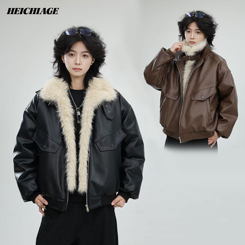 heichiage冬季美式复古痞帅皮衣毛领棉服男女加厚座山雕外套情侣