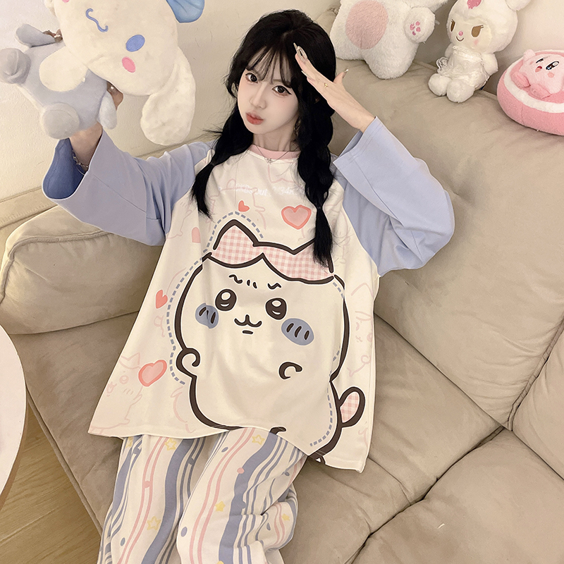 纯棉睡衣女春秋季长袖卡通可爱春秋款加大码学生可外穿家居服套装