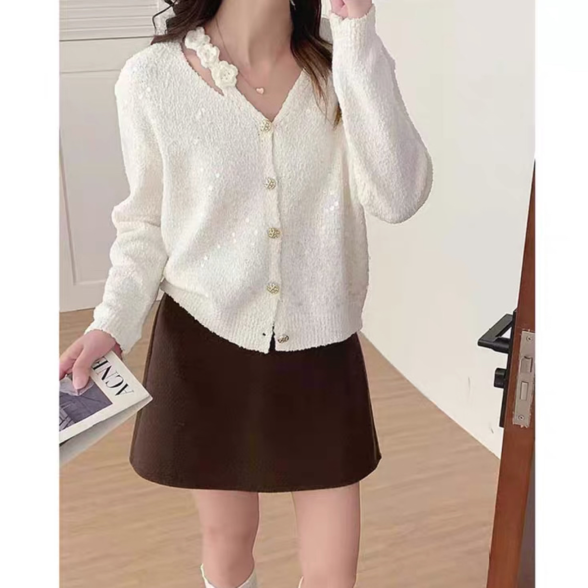 cs308小香风花朵亮片针织开衫女秋冬新款宽松洋气减龄v领毛衣外套