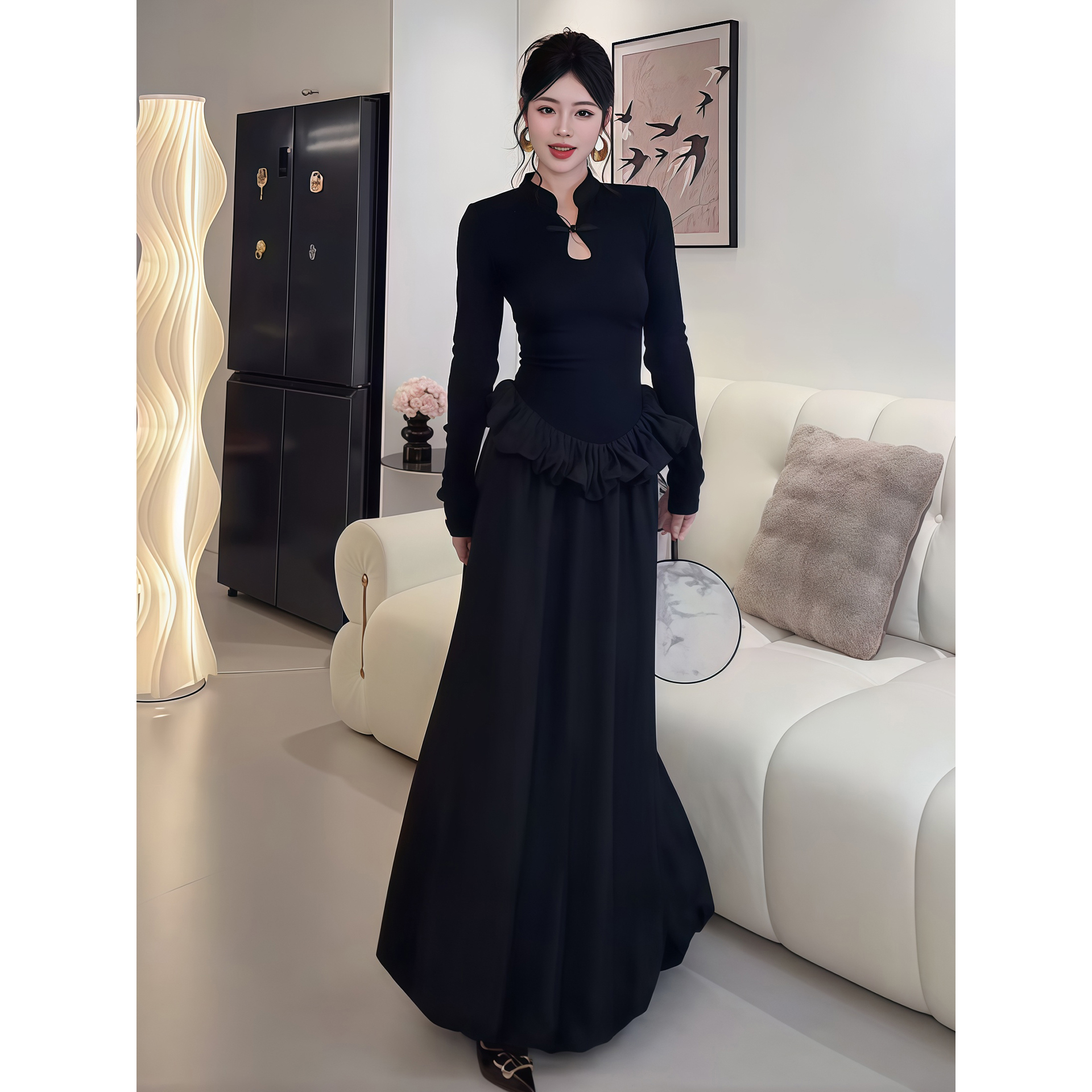 新中式立领盘扣花苞长裙女秋季新款收腰显瘦高级感A字长袖连衣裙