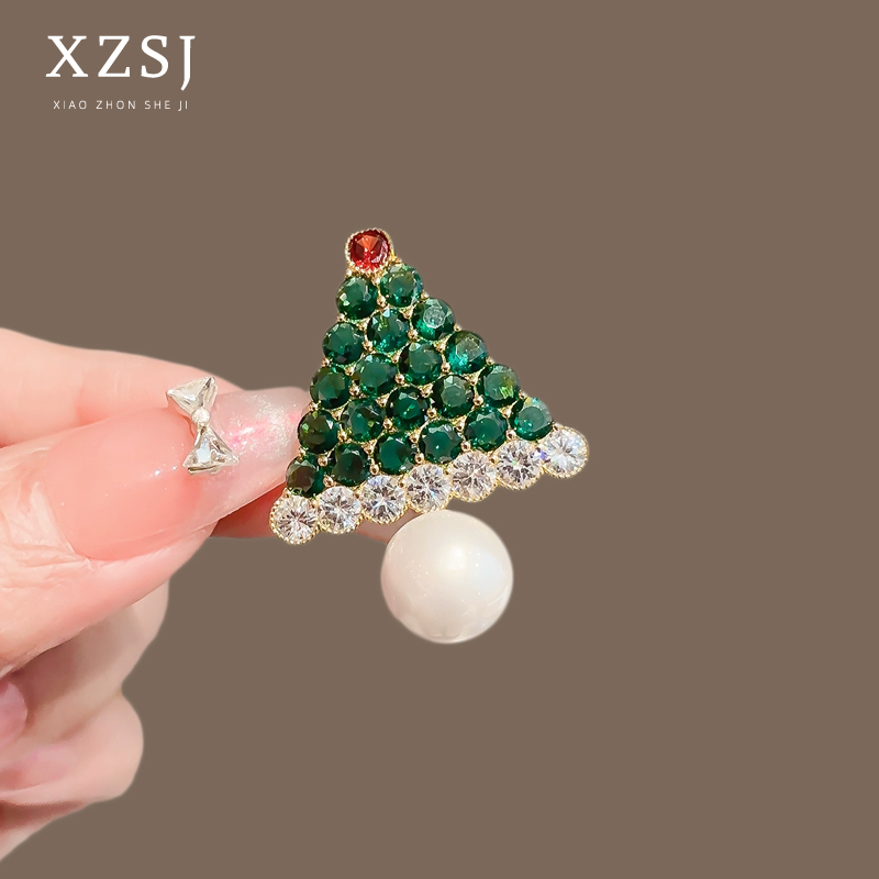 铜锆石胸针 珍珠水晶绿色小树别针高档女新款胸花配饰圣诞节礼物
