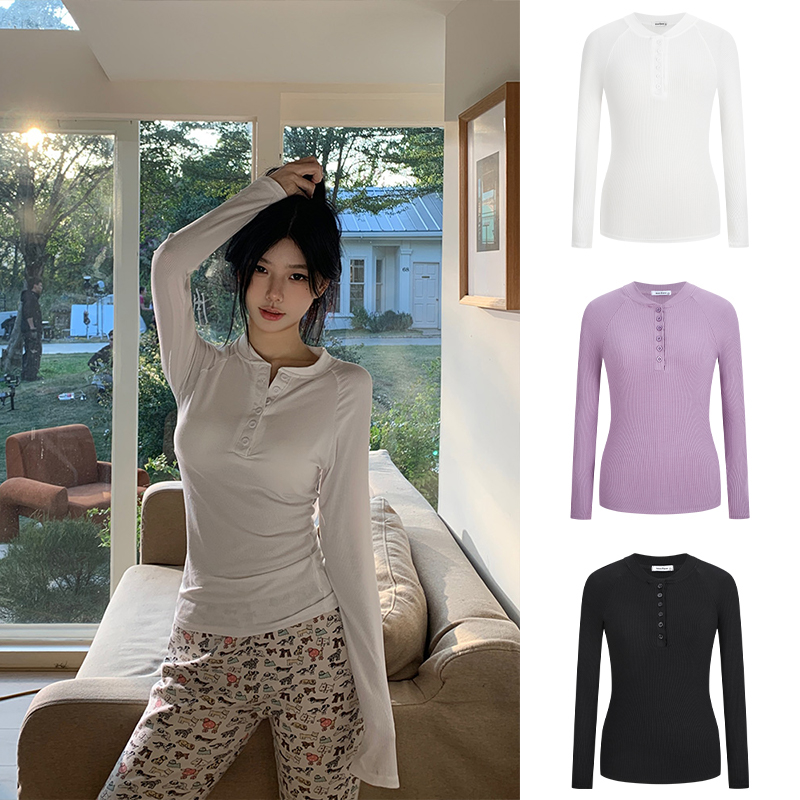 Moses Queen/魔西女王大码长袖t百搭内搭纽扣修身上衣白色短款