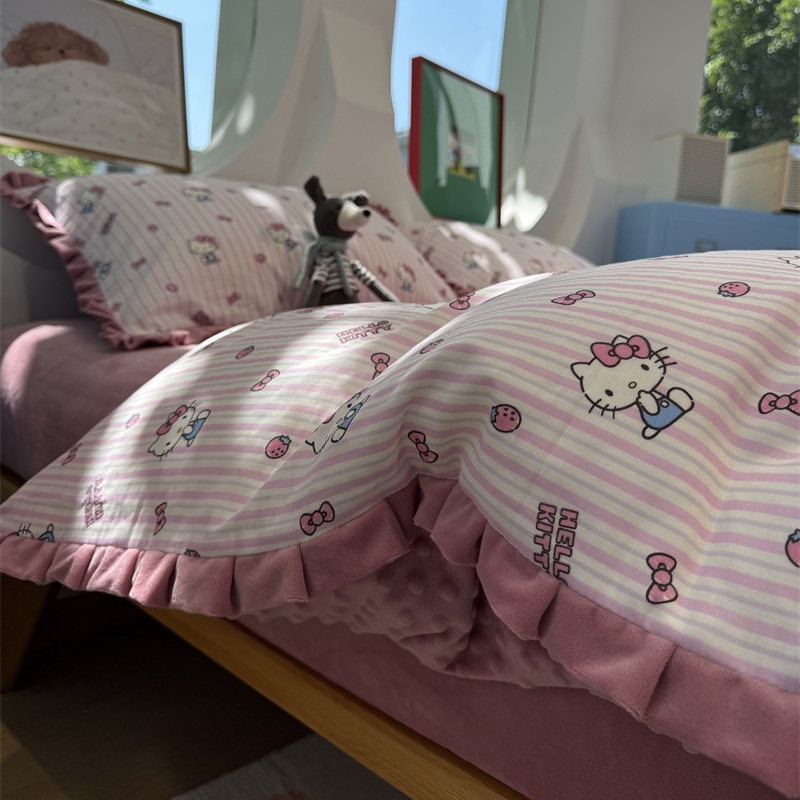 易安阁皱皱花边双层纱加豆豆绒kt猫粉嫩四件套1.5m1.8米三件套