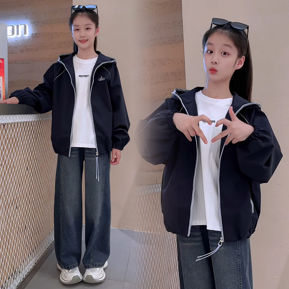 2025女中大童秋季冲锋衣外套直筒牛仔裤韩版休闲时尚简约大气爆款