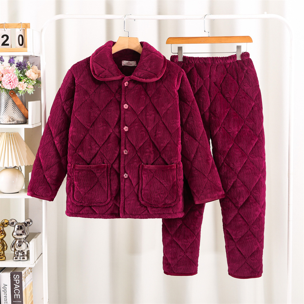 范哲萨冬季牛奶绒女士中老年款三层夹棉加厚睡衣法兰绒套装保暖家