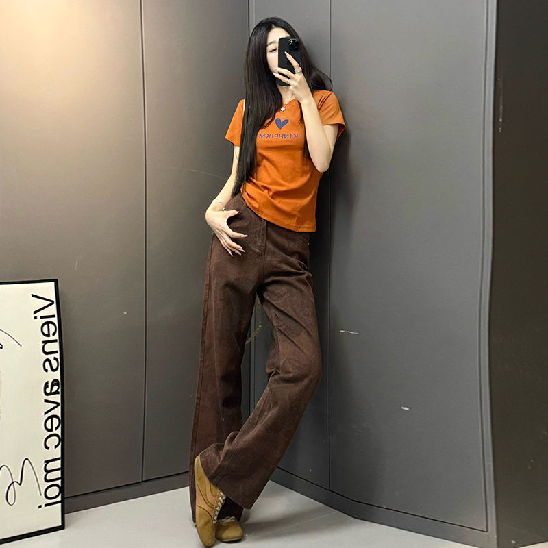 短款短袖t恤女夏季新款显瘦正肩上衣潮流百搭通勤直筒裤子阔腿裤