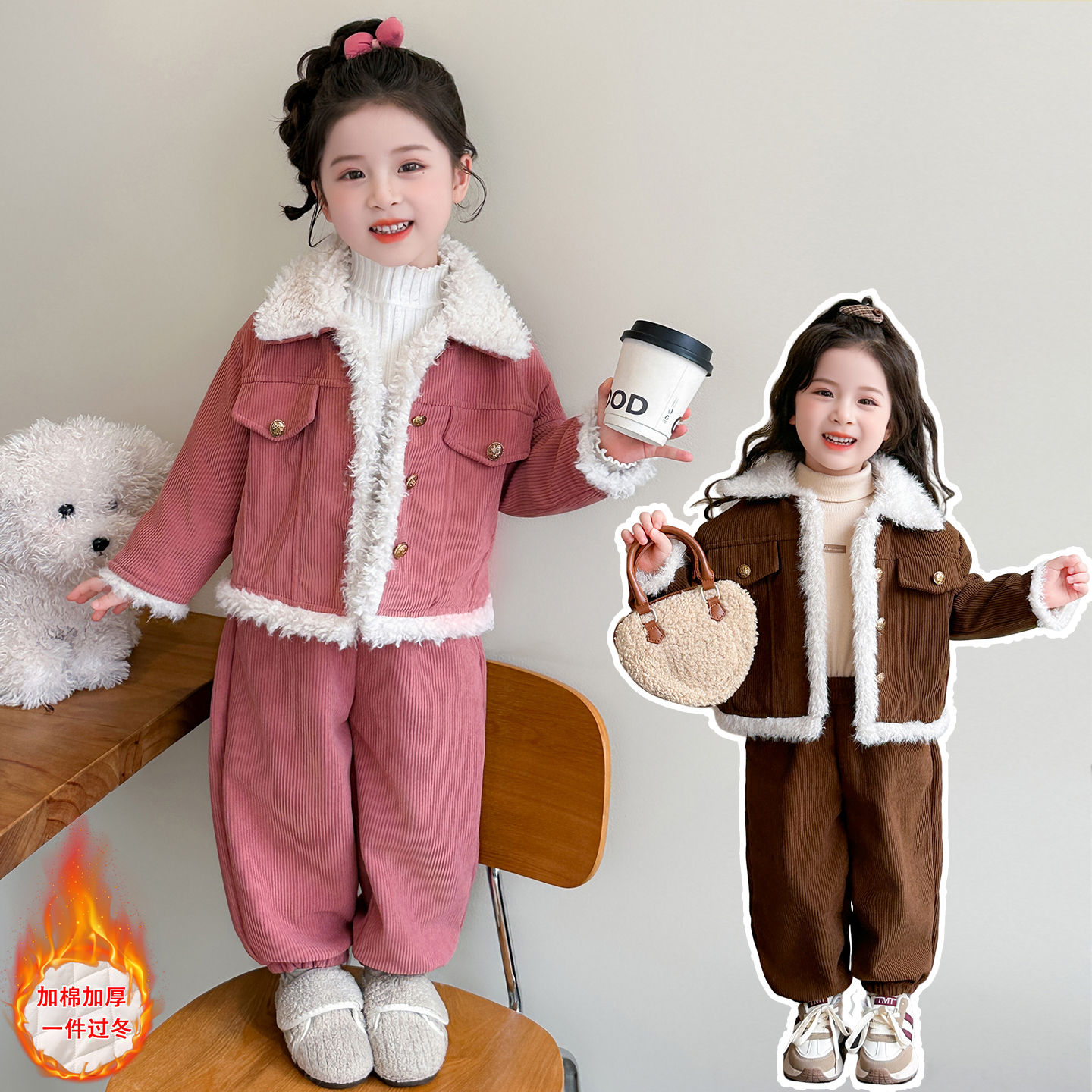 女童加绒套装洋气儿童秋冬装女宝宝加厚外套小女孩冬季休闲两件套