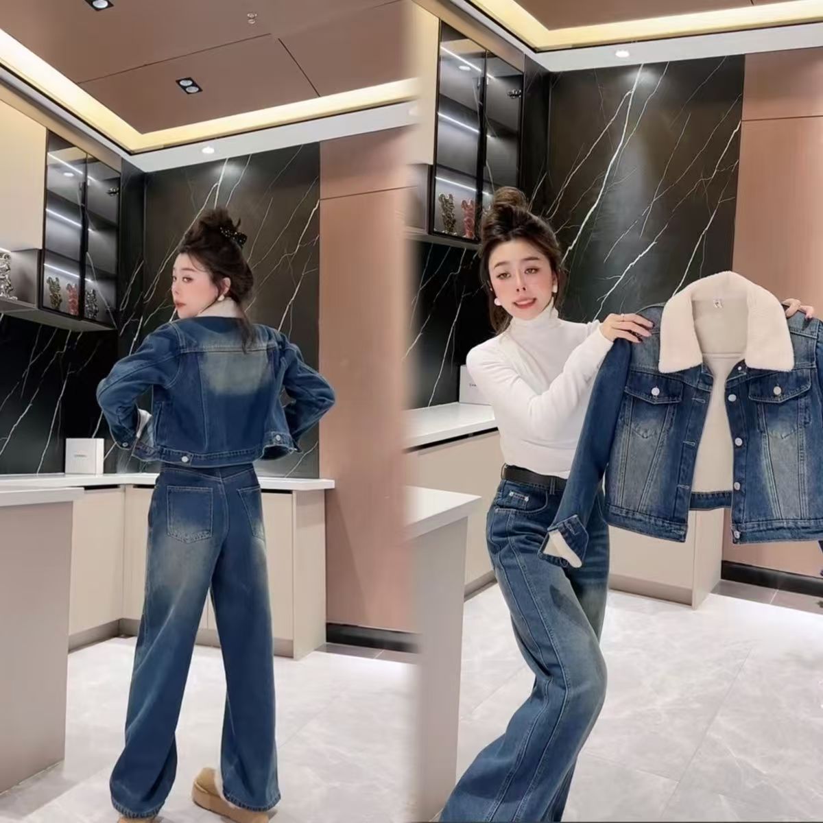 时尚加绒牛仔套装女秋冬韩版网红洋气长袖气质外套显瘦阔腿休闲裤