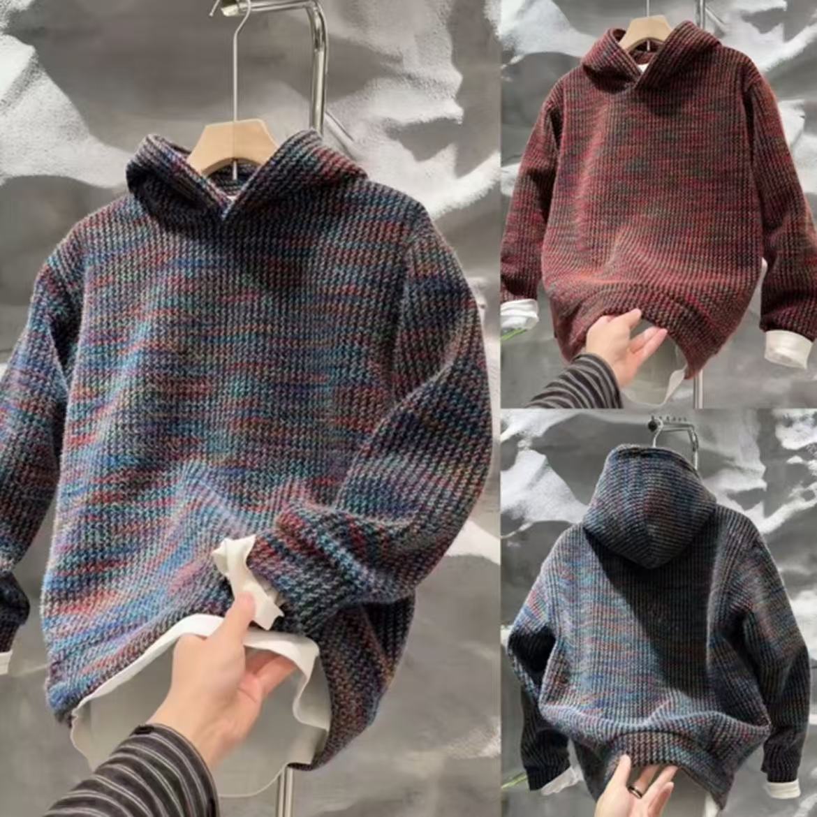 冬季新款小香风加绒磨毛针织卫衣男时尚潮流高级感宽松百搭打底衫