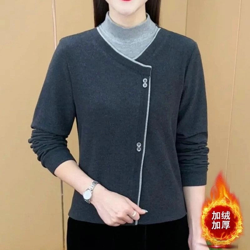 秋冬妈妈装假两件上衣2025新款中老年女一体绒保暖加厚打底衫T恤
