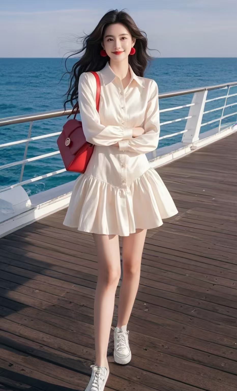 SS1010约会钓系白色气质小众连衣裙春新款高端法式荷叶边掐腰裙子