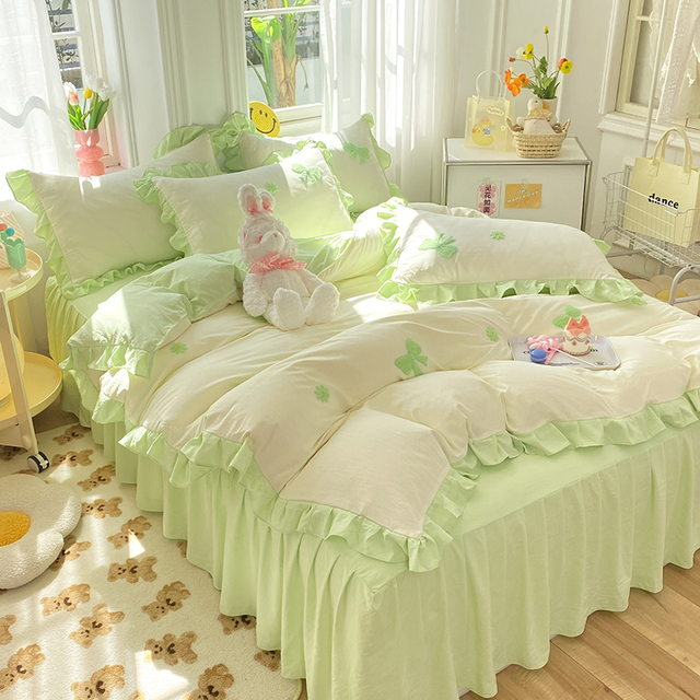 韩版床裙款四件套棉棉被套荷叶边公主风少女心被套床单三件套