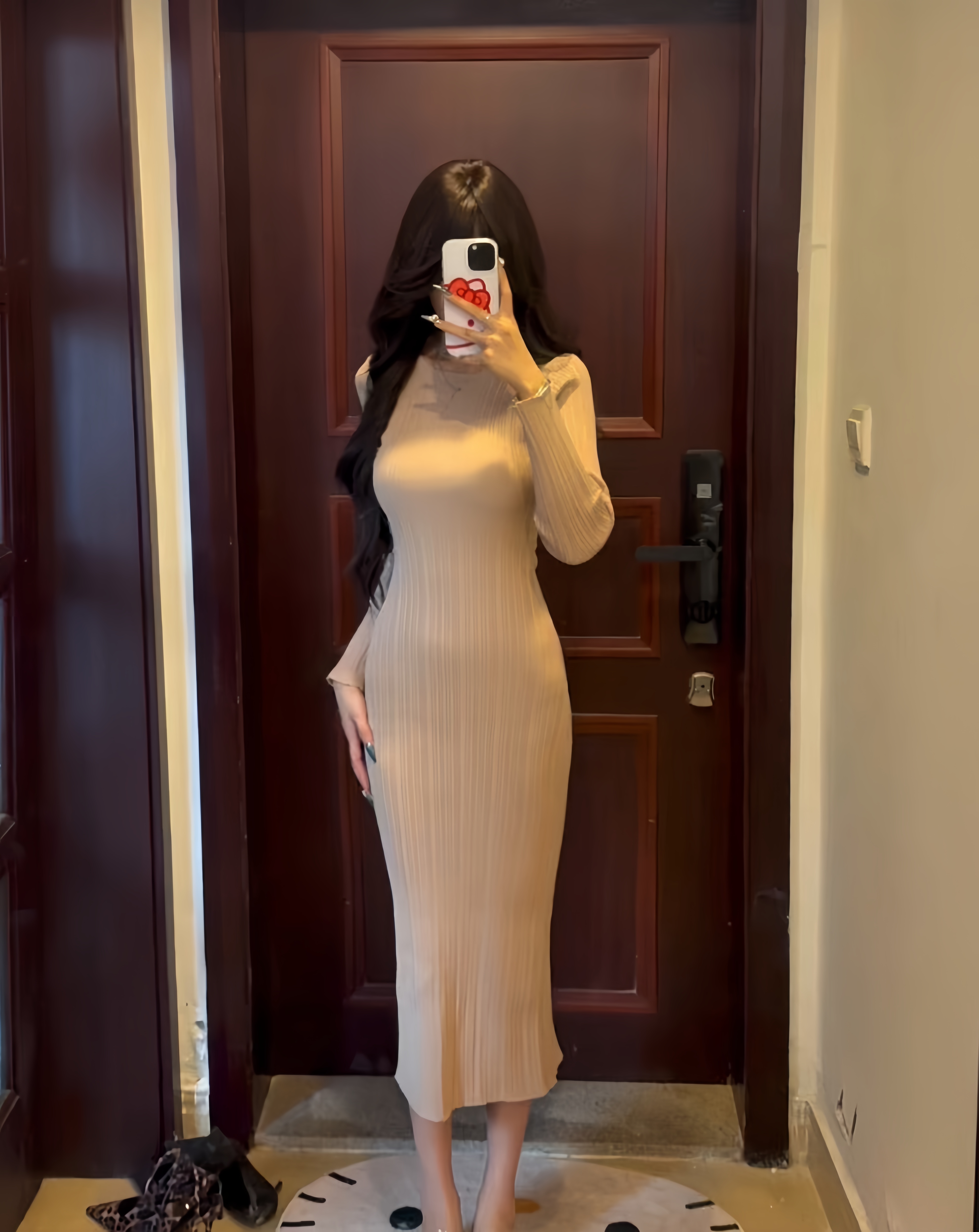 2025秋季新款性感修身包臀长裙纯欲肌理感长袖收腰显瘦女毛针织衫