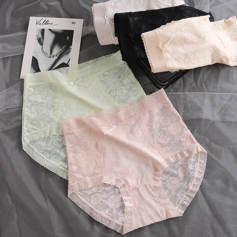 3条装女士内裤高腰蕾丝抗菌棉裆透气纯欲半透明网纱超薄无痕三角