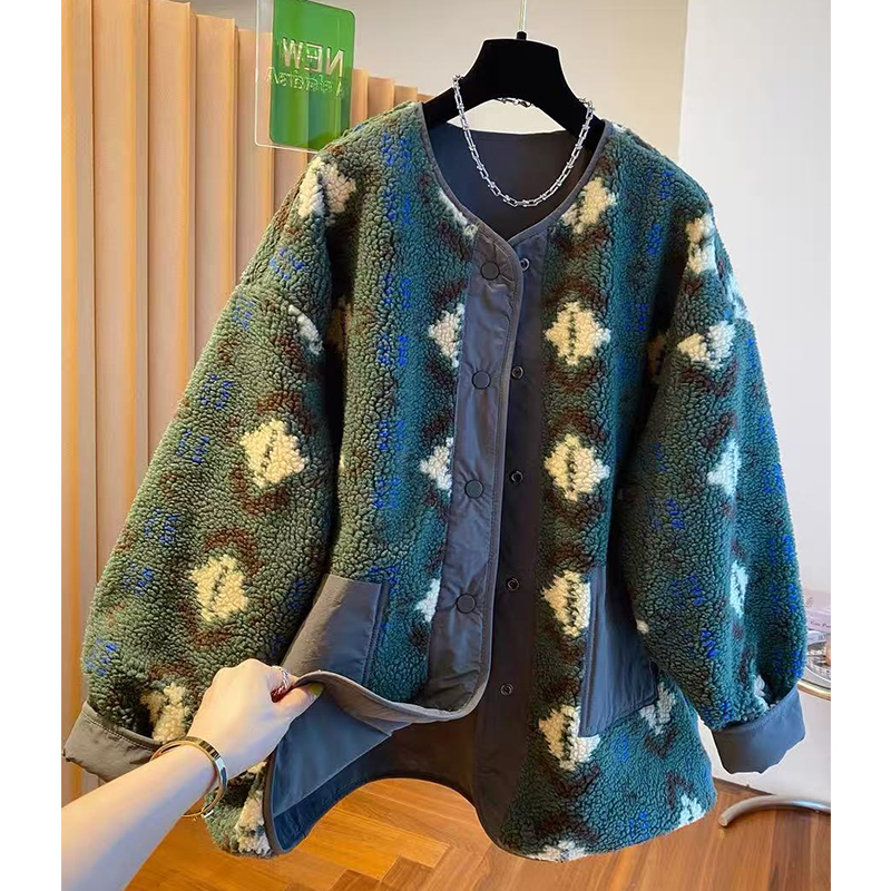 两面穿羊羔毛绒外套女2025秋冬复古印花慵懒风圆领宽松大码中长款