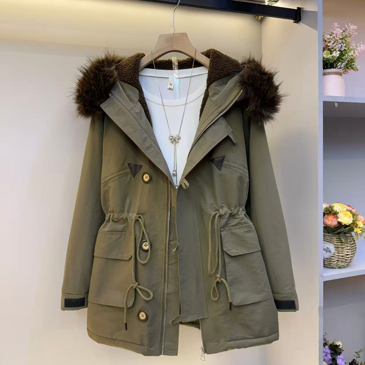 女款冬季派克服外套短款宽松显瘦子毛领可拆卸皮草外壳