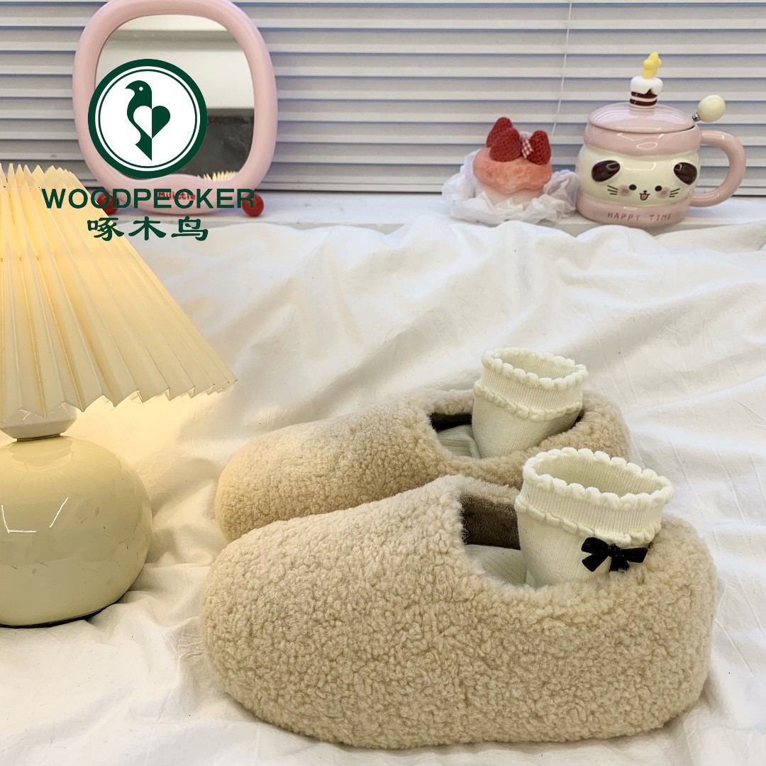 啄木鸟厚底毛毛鞋女外穿2025新款冬季一脚蹬加绒豆豆鞋博肯棉鞋子