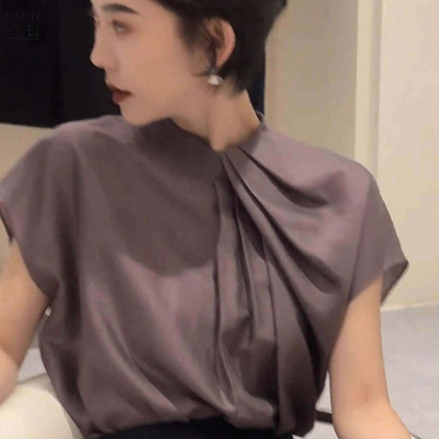 气质轻熟风灰紫色圆领短袖T恤女夏季款好看套头上衣