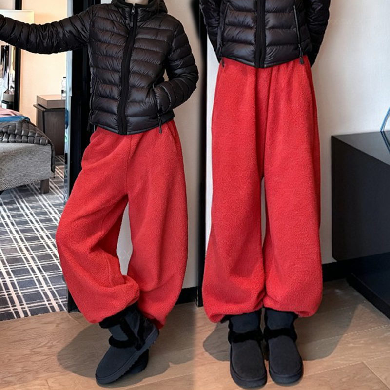 韩版时尚羊羔绒保暖运动裤冬季新款红色百搭加绒直筒休闲裤卫裤女