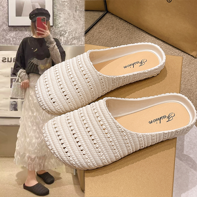 2025新款百搭网红编织包头拖平底半拖职场休闲风懒人一字拖沙滩鞋
