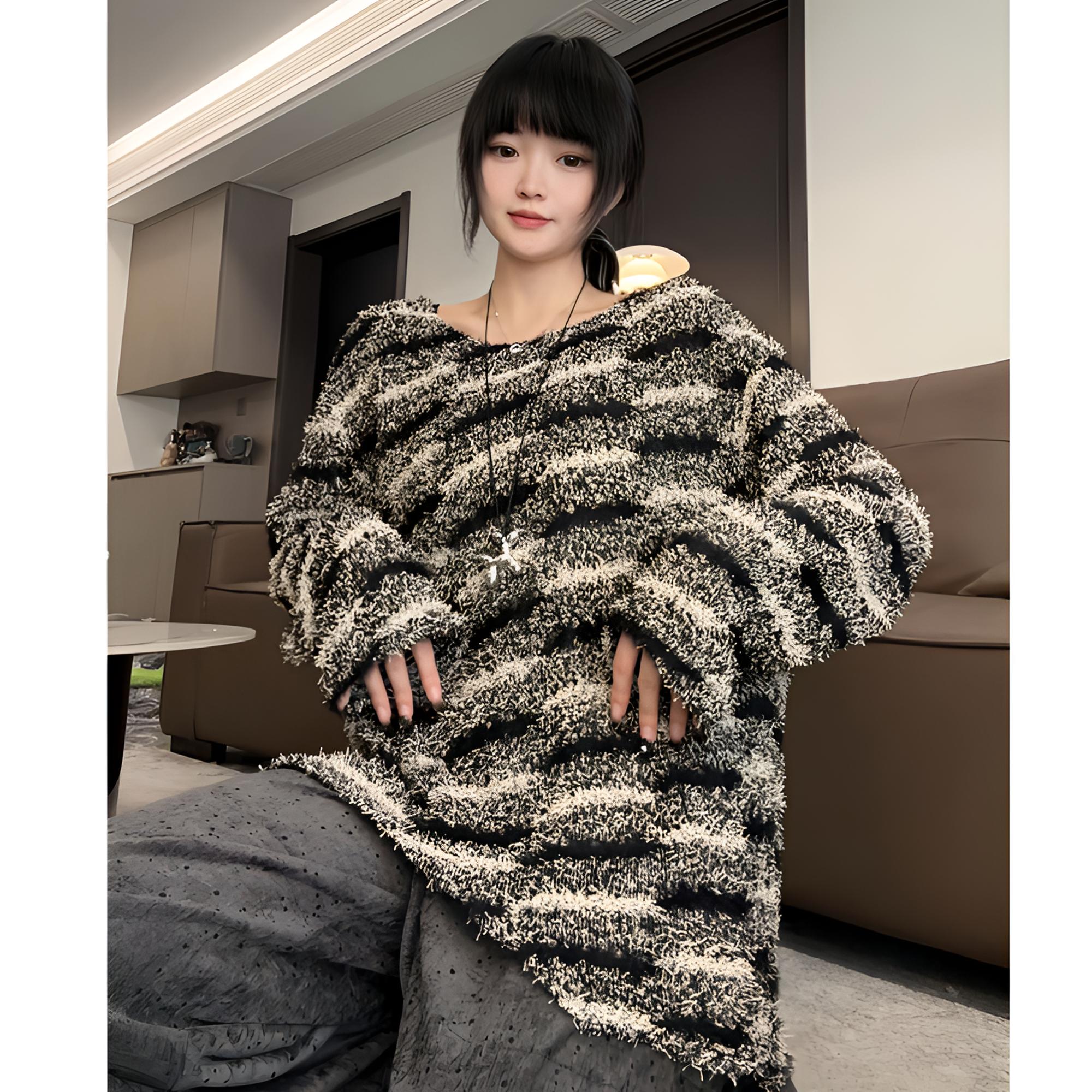 倪不叶【黑杏双纱针织衫】慵懒宽松落肩圆领秋款百搭