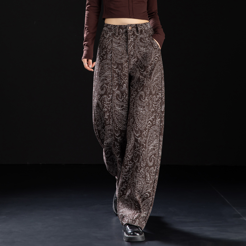 腰果花加绒牛仔裤女款爆款2025新款冬季棕色加厚裤子显瘦弯刀裤女