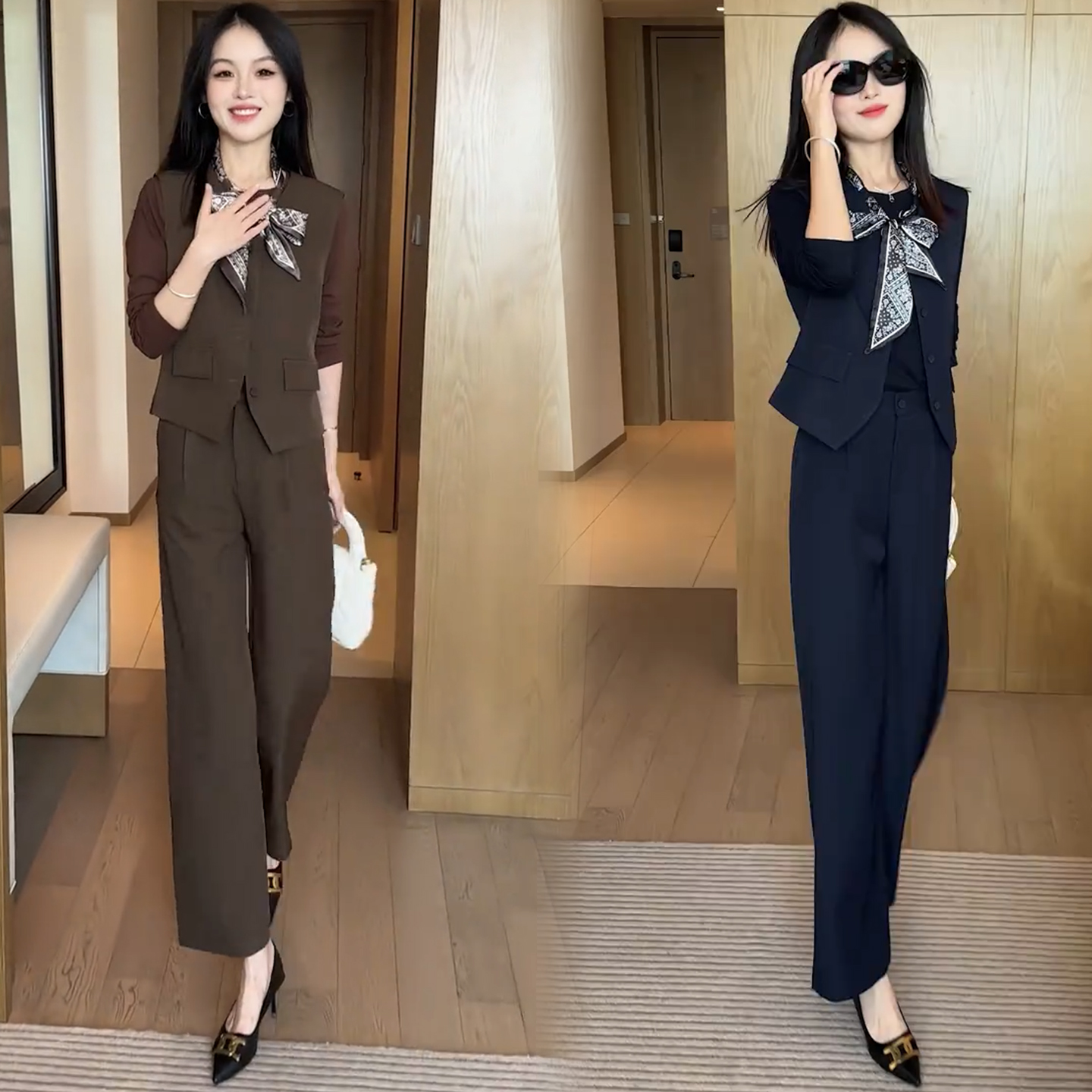 时尚套装女2025秋季新款洋气显瘦无袖西装马甲打底衫阔腿裤三件套