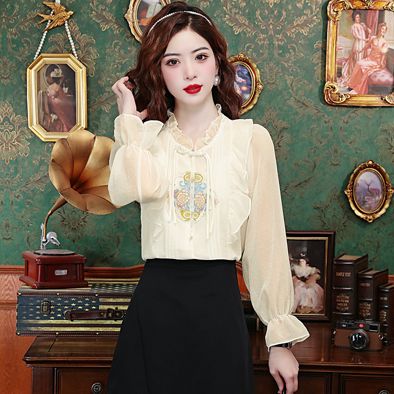现货款女装新中式雪纺衫超仙新款绣花上衣甜美纯色泡泡袖减龄