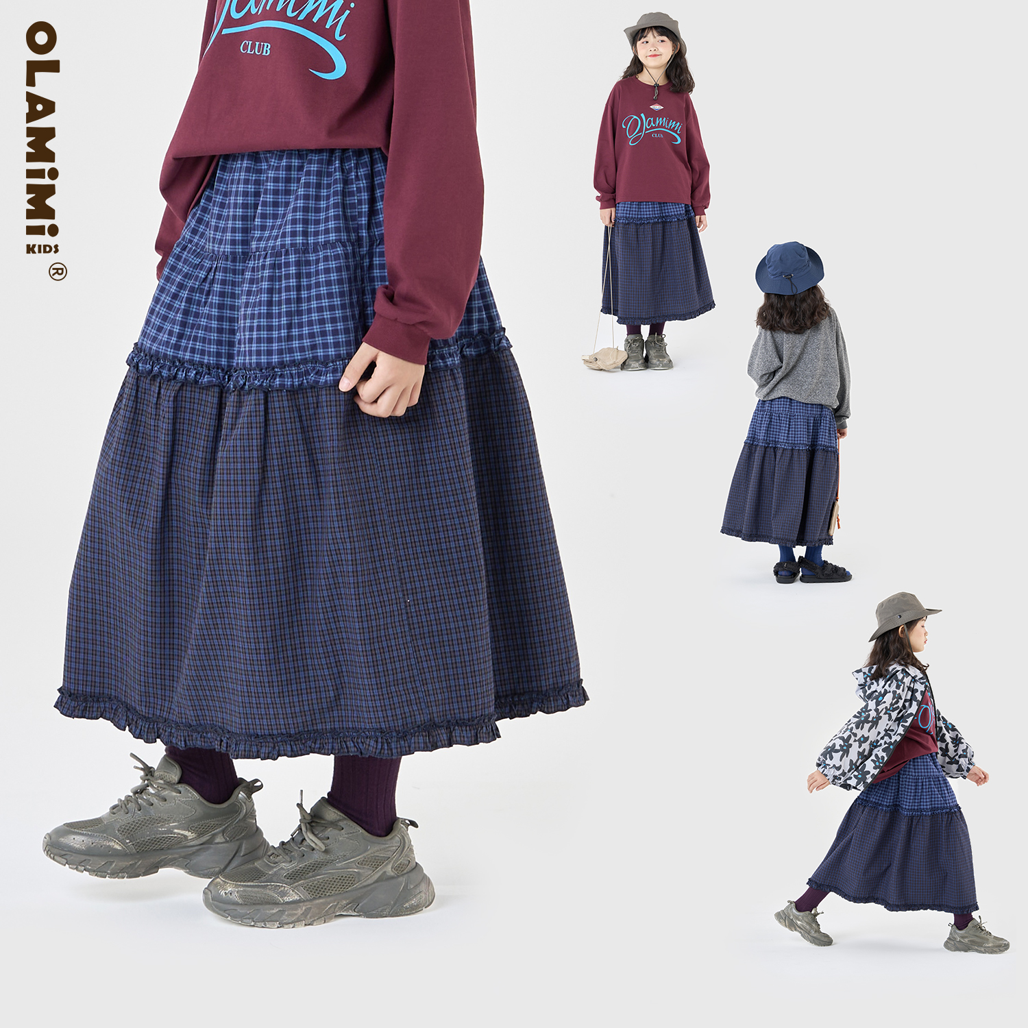 OLAMIMI童装 亲子日系休闲百搭复古格纹木耳边拼布半身裙