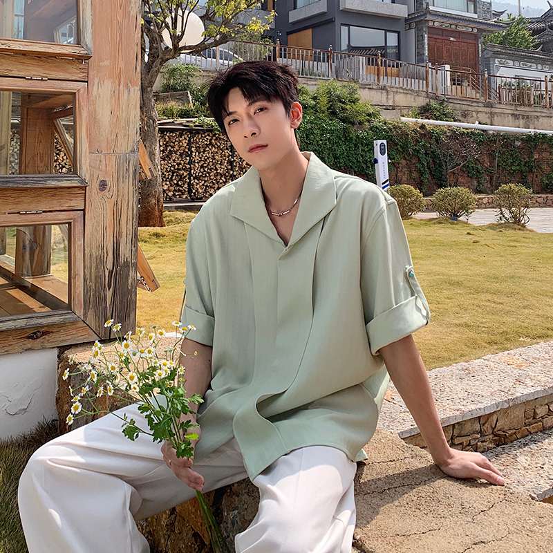 一轩轩轩【花野初柠】夏季免烫抗皱肌理男高级新中式短袖衬衫25619