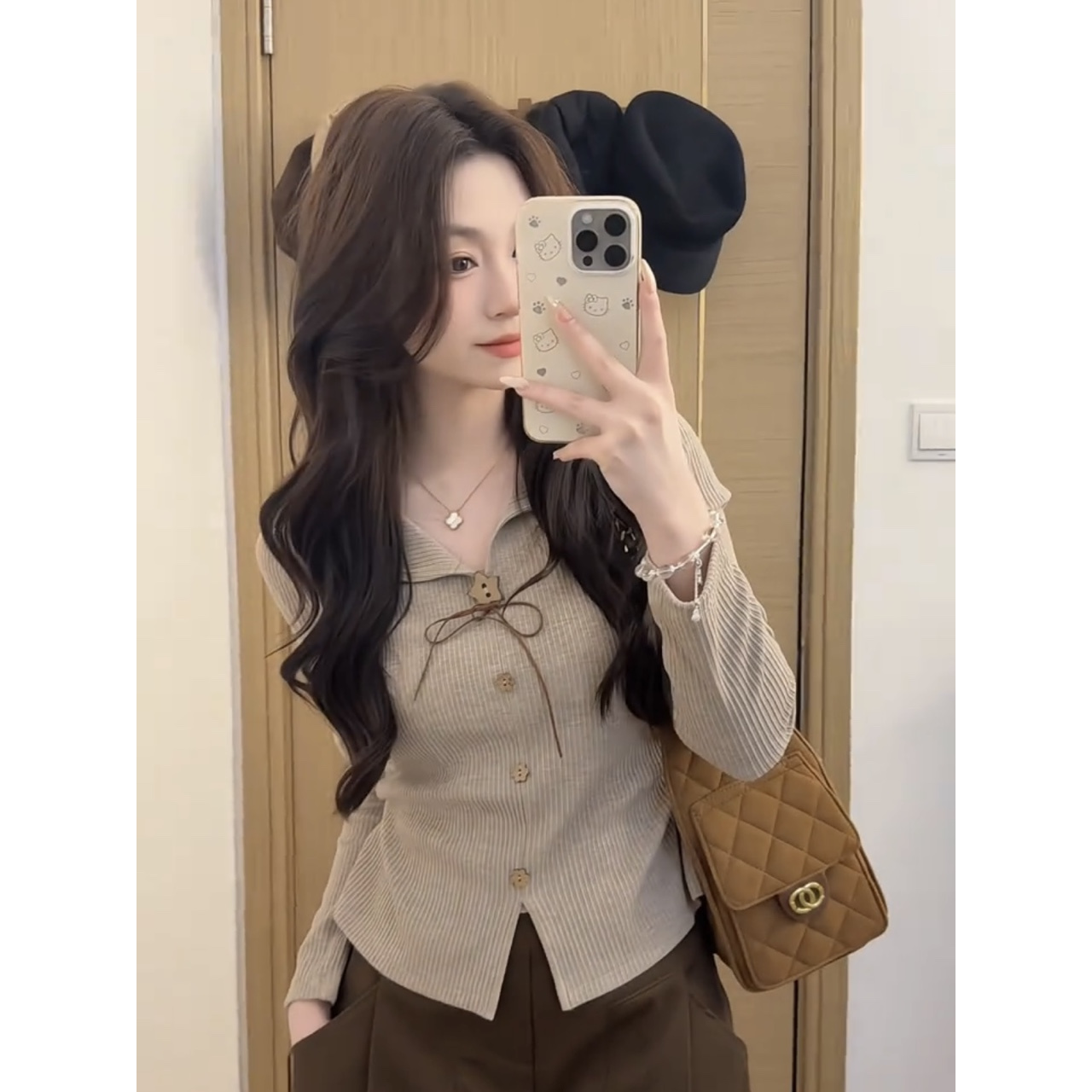 韩系chic高级感蝴蝶结v领长袖t恤女秋季修身内搭褶皱收腰打底上衣